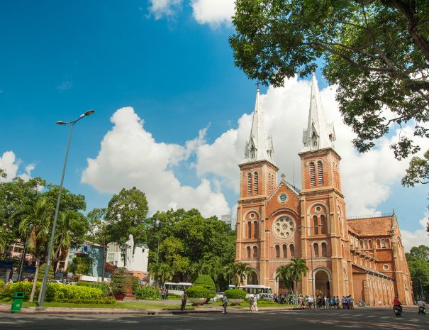 Saigon Notre-Dame Cathedral Basilica (Basilica of Our Lady of The Immaculate Conception) on a sunny day in Ho Chi Minh city, Vietnam. A popular tourist destination of Vietnam.; Shutterstock ID 675237160; purchase_order: -; job: -; client: -; other: -